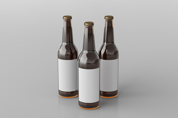 Three beer bottles 500ml mock up with blank label on white background.
