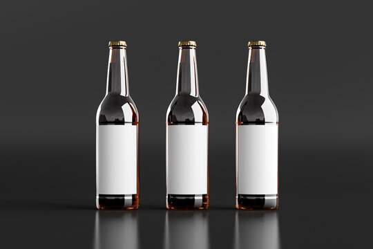 Three beer bottles 500ml mock up with blank label on black background.