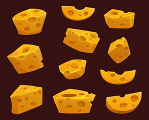 Cheese with holes cartoon vector of dairy food wedges, slices and pieces. Swiss, cheddar, gouda and maasdam, radamer and emmental, yellow hard cheese block isolated objects on dark background