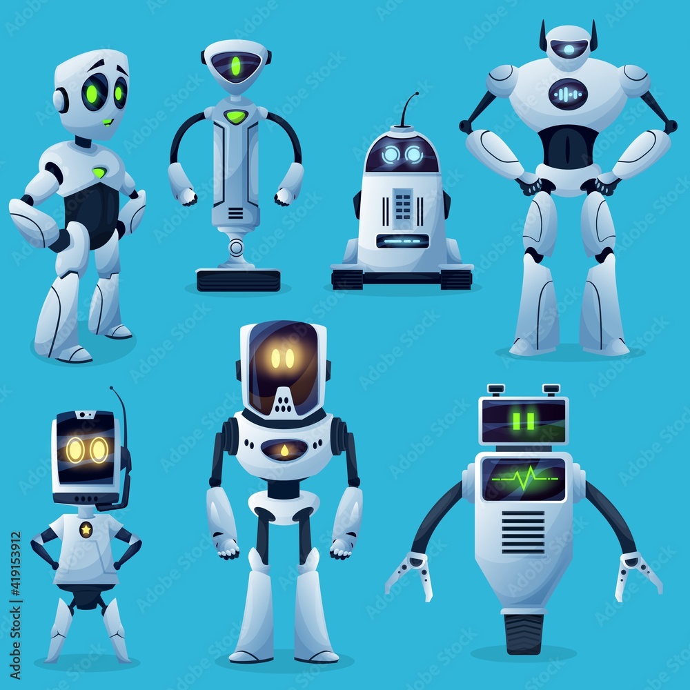 Poster robot characters, cartoon toys and future cyborgs, vector kids game mascots. retro and modern robots