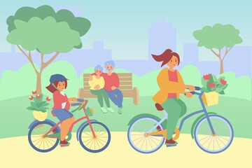 Fototapeta na wymiar Senior couple sitting on bench in spring park Mother and daughter riding a bike with basket of flowers. Flat vector illustration
