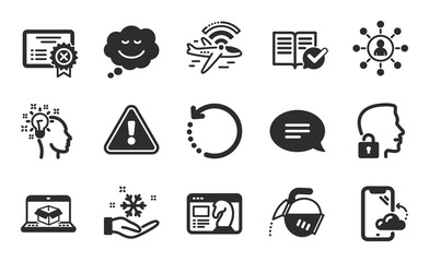 Networking, Coffee pot and Online delivery icons simple set. Smartphone cloud, Chat and Approved documentation signs. Speech bubble, Recovery data and Freezing symbols. Flat icons set. Vector