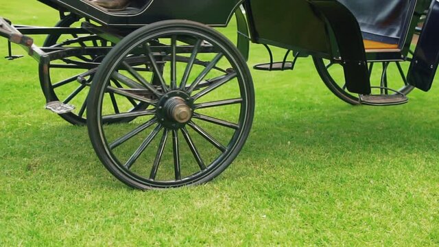 Horse Feet Pulling An Empty Traditional Carriage In Meadow Landscape. - Medium Shot