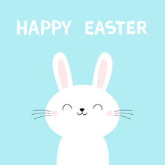 Happy Easter bunny rabbit face. Cute cartoon kawaii funny smiling baby character. Long ears. Farm animal collection. Spring greeting card. Flat design. Blue background. Isolated.