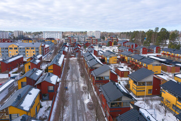 Finland .Porvoo. March 3, 2021. View of the city center in winter. Sunny day. Photo from the drone.