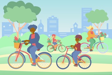 Mother, son and daughter riding bicycles with basket of flowers in park African american woman and boy Vector flat illustration