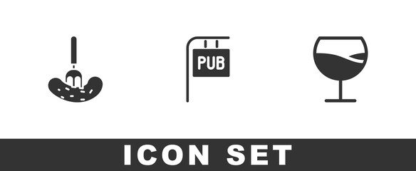 Set Pickled cucumber on a fork, Street signboard with Pub and Wine glass icon. Vector.