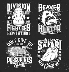 Sport team and hunting club mascot t-shirt print. Hippopotamus muzzle, beaver and porcupine engraved sketch vector. African safari hunting, fighters sport team apparel custom design print template © Vector Tradition