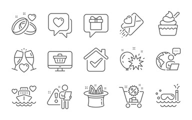 Love letter, Ice cream and Hat-trick line icons set. Heart, Shopping cart and Honeymoon cruise signs. Wish list, Marriage rings and Web shop symbols. Line icons set. Vector