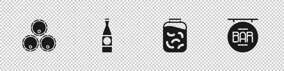 Set Wooden barrels, Beer bottle, Pickled cucumbers in jar and Street signboard with Bar icon. Vector.