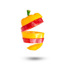 Fototapeta na wymiar Sliced red and yellow bell pepper with water drops isolated on white background