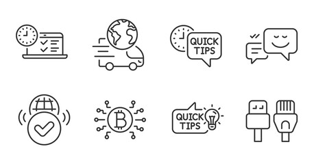 Online test, Happy emotion and Delivery service line icons set. Verified internet, Bitcoin system and Computer cables signs. Quick tips, Education idea symbols. Quality line icons. Vector