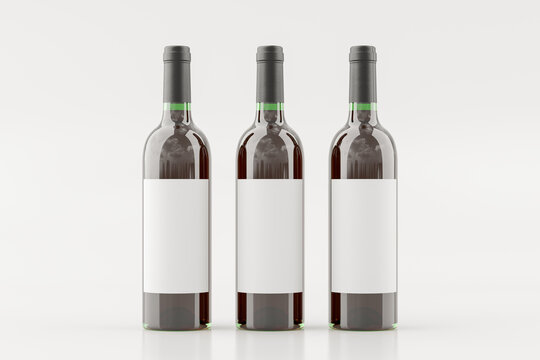 Three red wine bottles 750ml mock up with blank label on white background.