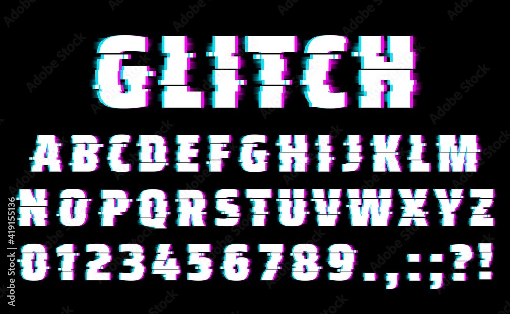 Leinwandbilder Glitch font of vector alphabet letters and numbers type. Distorted typeface with computer or TV screen noise, television signal fail and data decay effects, retro glitch typography font design