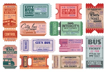 City bus ride retro tickets vector templates set. Passenger transportation department, intercity transport trip admission single ticket with bus, vintage typography and controller tear off perforation