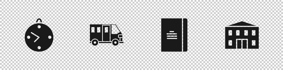 Set Clock, School Bus, Spiral notebook and building icon. Vector.