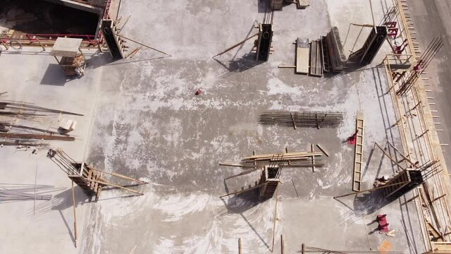 Aerial construction site rebar slab concrete foundation