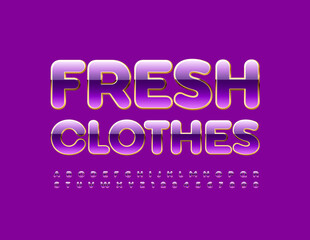 Vector stylish sign Fresh Clothes. Bright Violet and Gold Font. Shiny Alphabet Letters and Numbers set