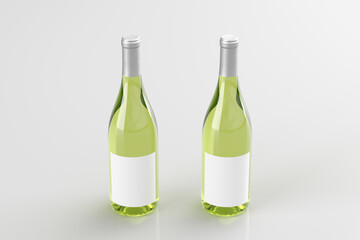 Two white wine bottles 750ml mock up with blank label on white background.