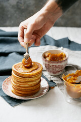 Home made vegan, plant-based, vegetarian pancakes served with  in vintage tray  wit