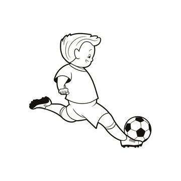 Black and white lines, a boy in the uniform of a football player kicks a soccer ball, vector illustration, coloring book in cartoon style