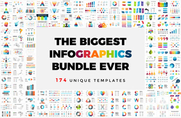Fototapeta The Biggest Vector Infographics Bundle. 174 presentation slide templates - from diagrams, charts or timelines to maps, arrows and banners. Perfect for any industry from business or marketing to obraz
