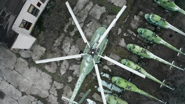 Aerial view of Mi-8 and Mi-2 abandoned helicopters
