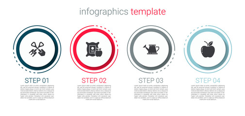 Set Shovel and rake, Apple in the sack, Watering can and . Business infographic template. Vector.