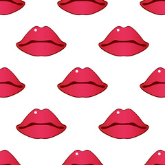 vector graphic seamless pattern with bright red lips on a white background