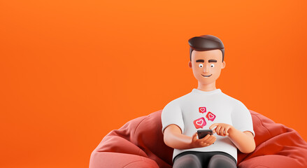 Cartoon character man use smartphone with red flying red heart like icons over orange background with copy space.