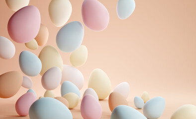 Falling pastel coloured easter chocolate eggs decorative background. 3D illustration.