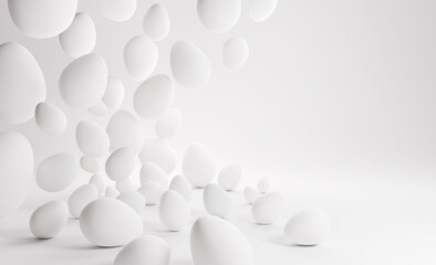 Minimal background with white falling easter eggs. 3D illustration.