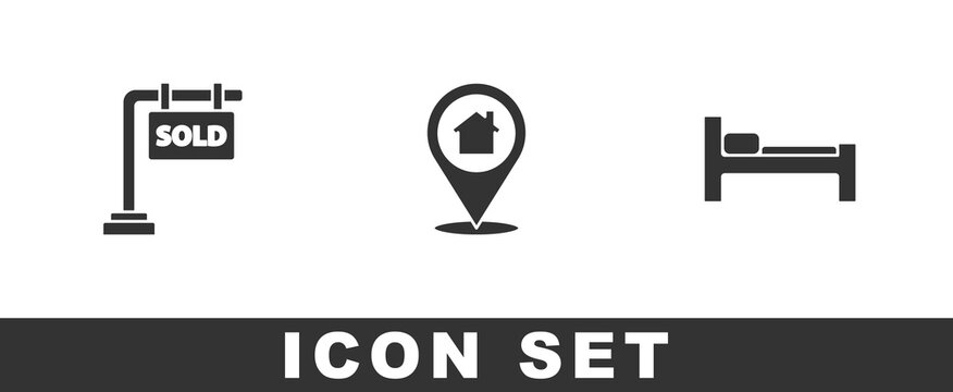 Set Hanging sign with Sold, Location house and Bed icon. Vector.