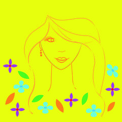 face of a girl with flowing hair decorated with flowers