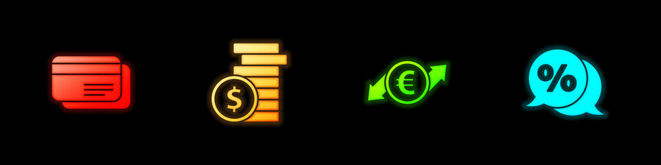 Set Credit card, Coin money with dollar, Financial growth and euro coin and Discount percent tag icon. Vector.