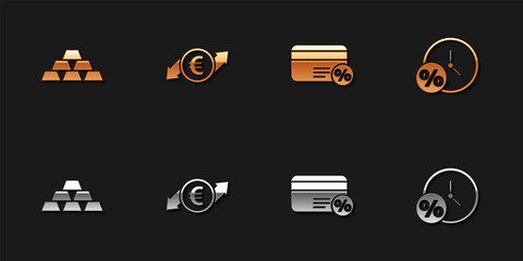 Set Gold bars, Financial growth and euro coin, Discount card with percent and Clock icon. Vector.