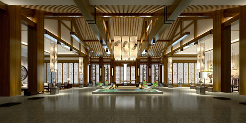 3d render of hotel reception lobby
