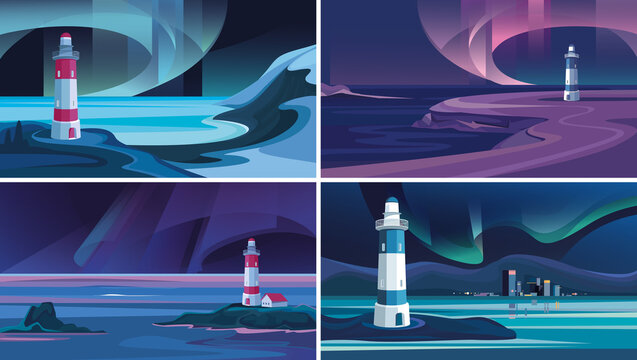 Lighthouses in the background of northern lights. Collection of northern landscapes.