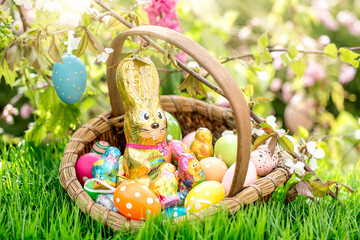 Easter card with chocolate Easter bunny sitting in nature on the Easter nest with Easter...