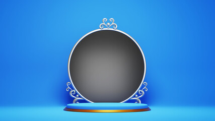 3d render of blue and gold podium. Background with geometric composition, semicircular stand. Modern design.