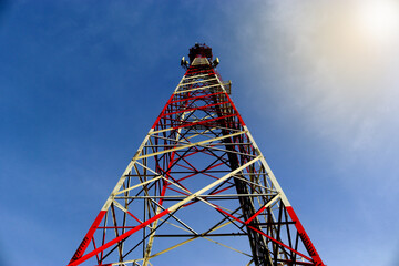 Telecommunication tower and sky blue. Modern Business Communication Concept.Antenna.
