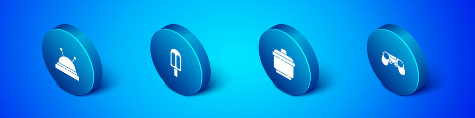 Set Isometric Needle bed and needles, Cooking pot, Gamepad and Ice cream icon. Vector.