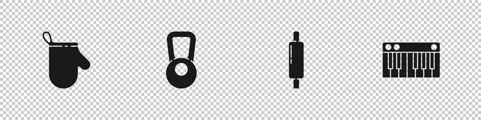 Set Oven glove, Kettlebell, Rolling pin and Music synthesizer icon. Vector.