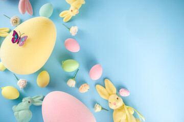 Easter bunnies and eggs wide background