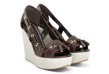 Pair of brown summer leather woman wedge sandal
