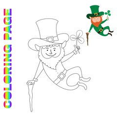 Coloring page with joyful jumping leprechaun with clover in his hand.