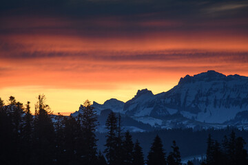 colorful sunrise over Hohgant with trees