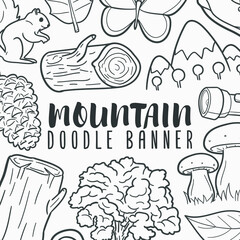 Mountain Doodle Banner Icon. Nature Vector Illustration Hand Drawn Art. Line Symbols Sketch Background.