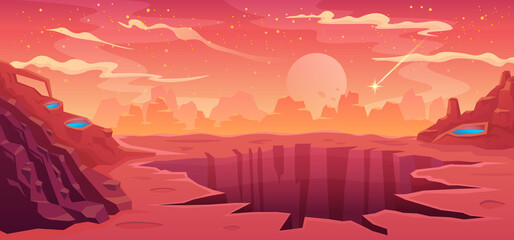 Space background alien fantastic landscape with rocks and a large crater, empty surface of the red planet Mars, cloudy sky and falling comet, computer game background, vector cartoon illustration