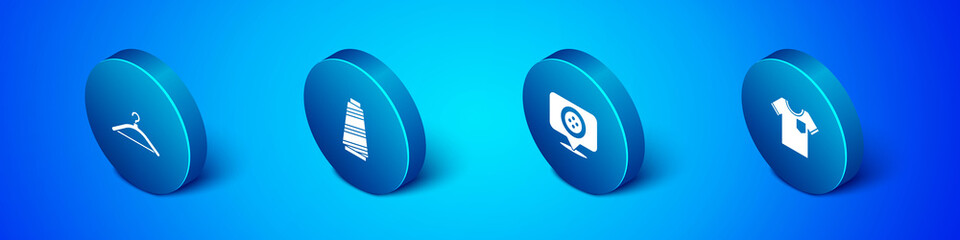 Set Isometric Hanger wardrobe, Location tailor shop, T-shirt and Sewing thread icon. Vector.